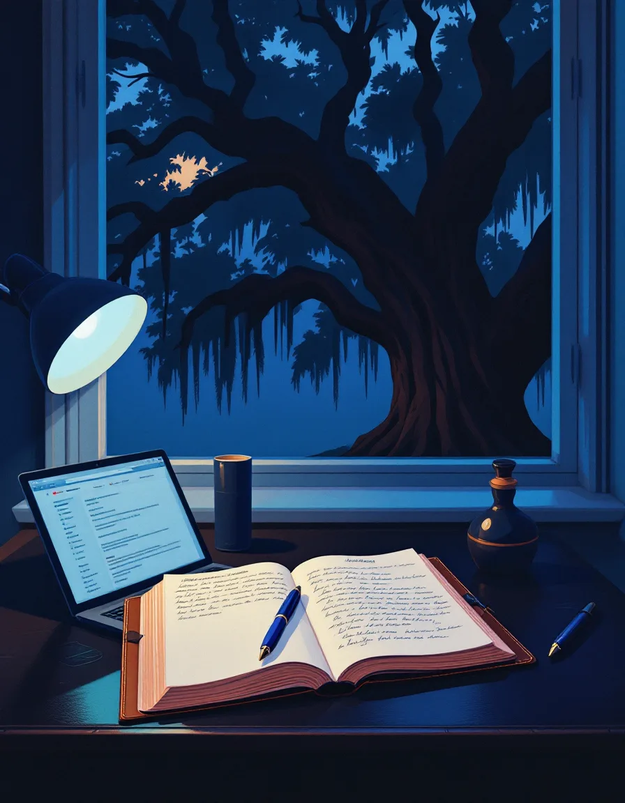 Illustration of a desk with an open glossary ledger, a laptop and a pen beside a window onto a Savannah live oak