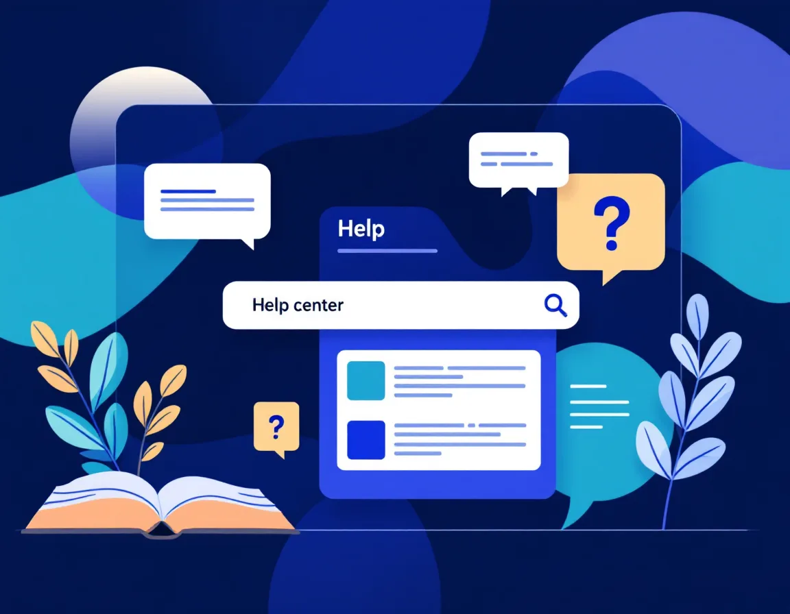 Illustration of a help center with search bar, article cards and a question bubble