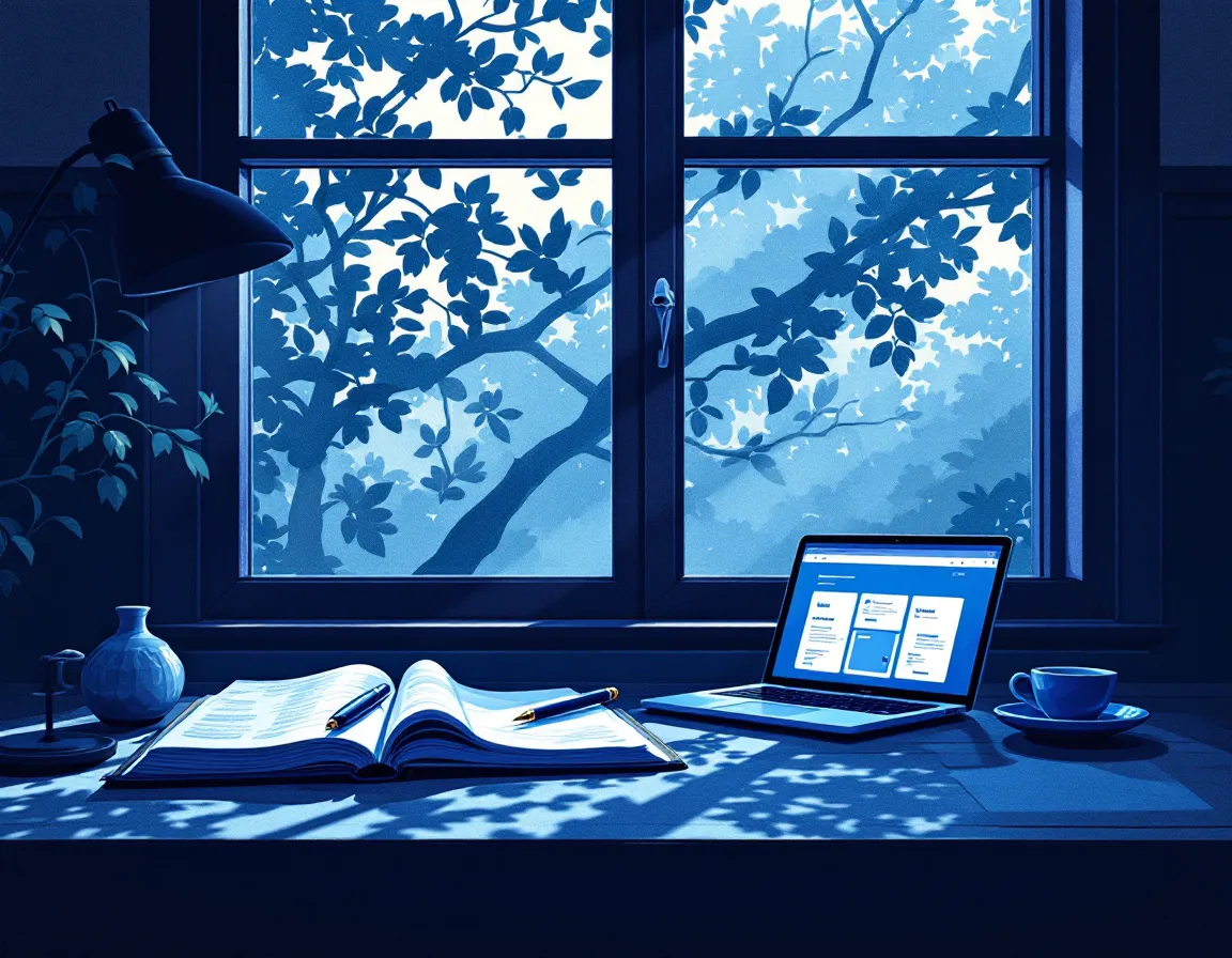 Illustration of a translator's desk with an open ledger and pen beside a window onto a live oak